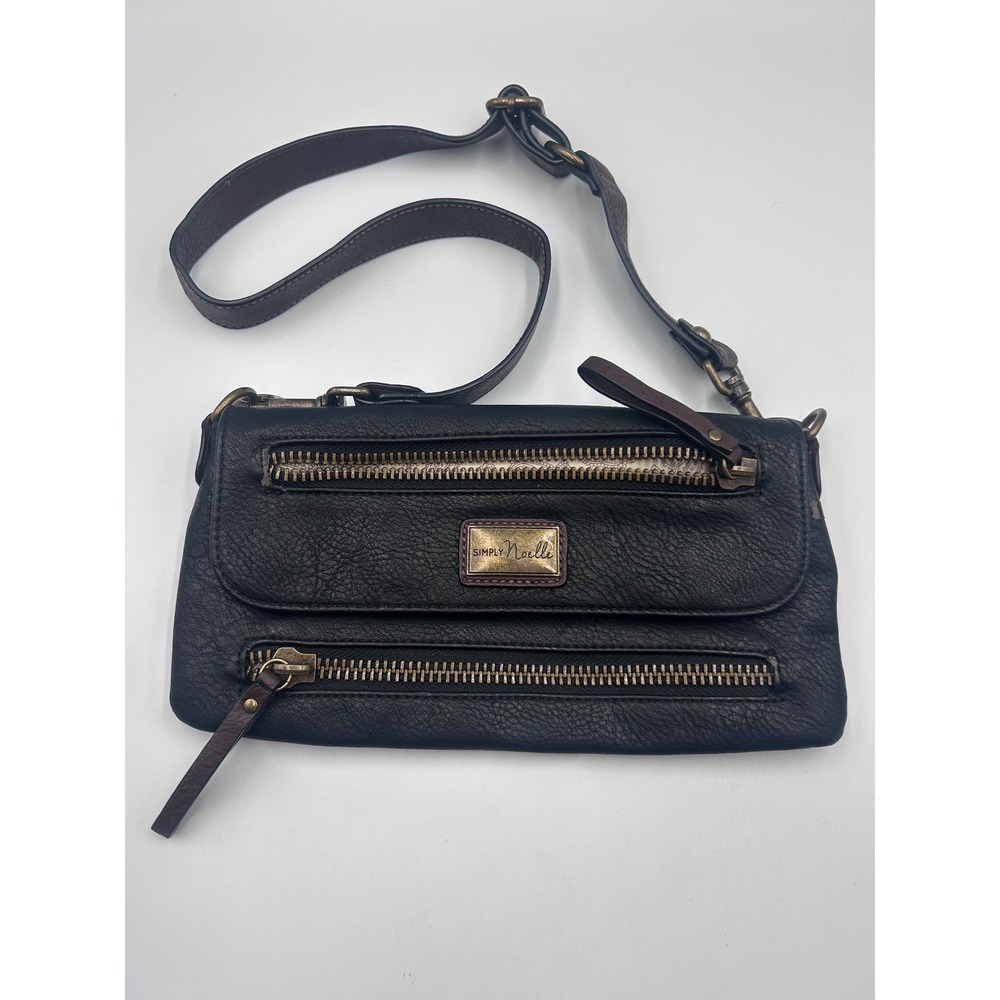 Simply Noelle Black Faux Leather Multi Zipper Crossbody Bag Brown Trim Paisley